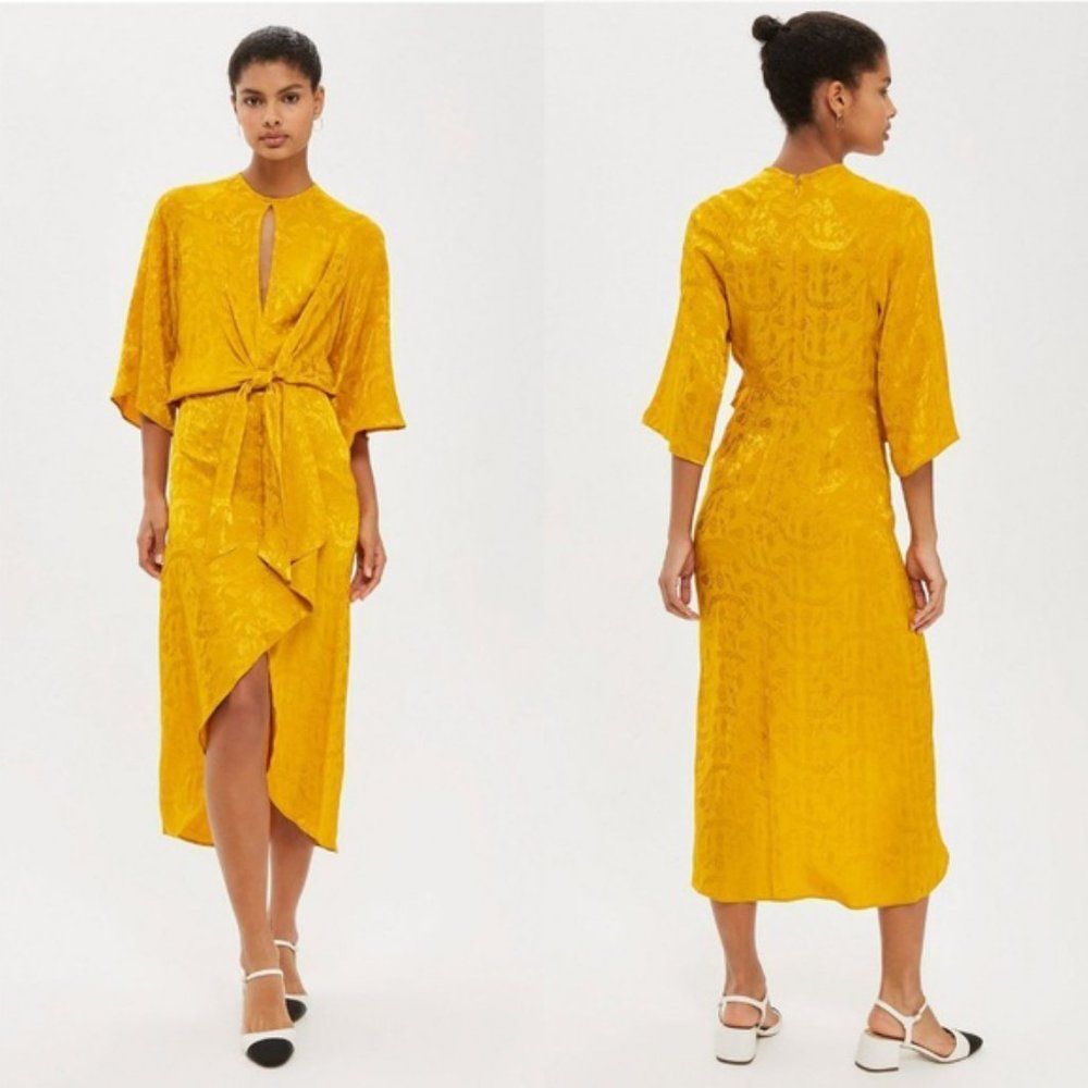 TOPSHOP gold floral satin tie front keyhole kimono sleeve faux wrap midi dress